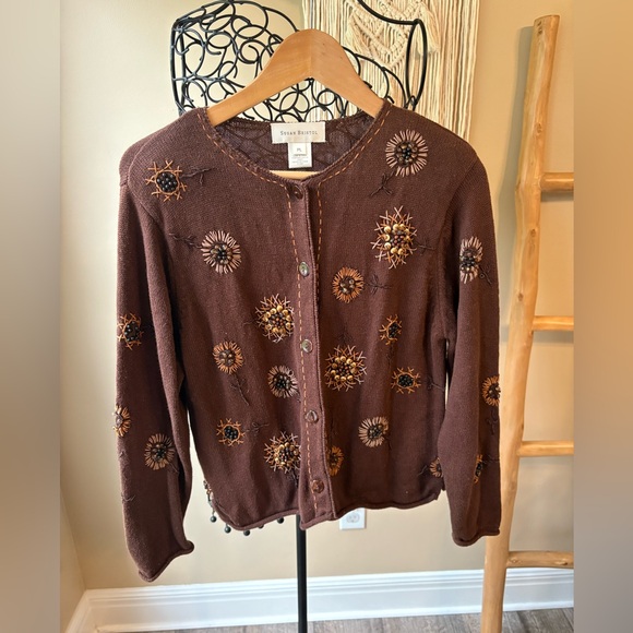 VTG. Earthy Brown Boho Hand Embroidered & Beaded Sunflower Cardigan